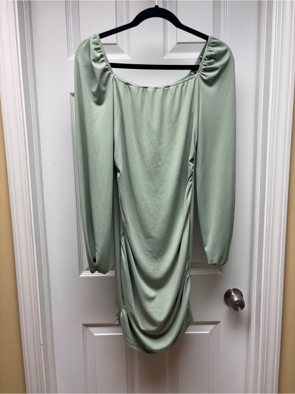 SHEIN Sage Green Ribbed Ruched Bodycon Dress | Off-the-Shoulder Large